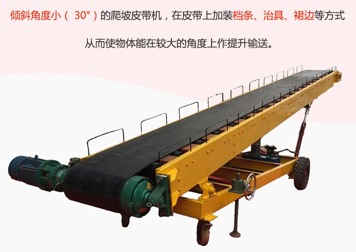 傾斜角度?。?30°）的爬坡皮帶機，在皮帶上加裝檔條、治具、裙邊等方式從而使物體能在較大的角度上作提升輸送。